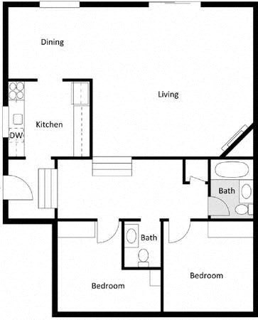 Floor plan for 2 beds, 2 baths, 1280 sqft